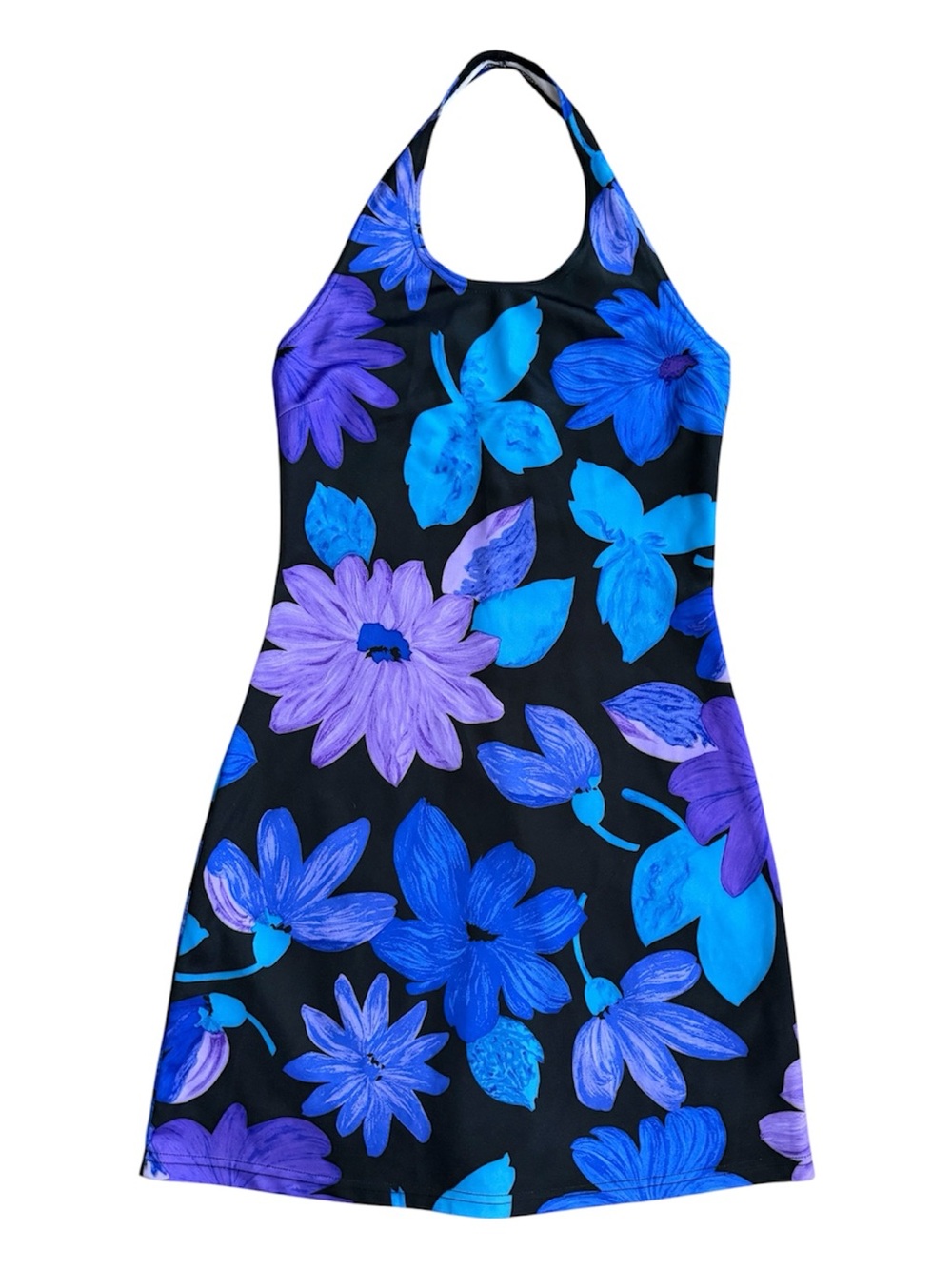 VTG 90s Y2K Currants Floral Halter Dress Black Purple Blue Mini Midi Small Med